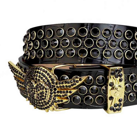 Black Strap With Black Studded Rhinestone Belt with Gold Wings Shaped Black Buck - Picture 2 of 3